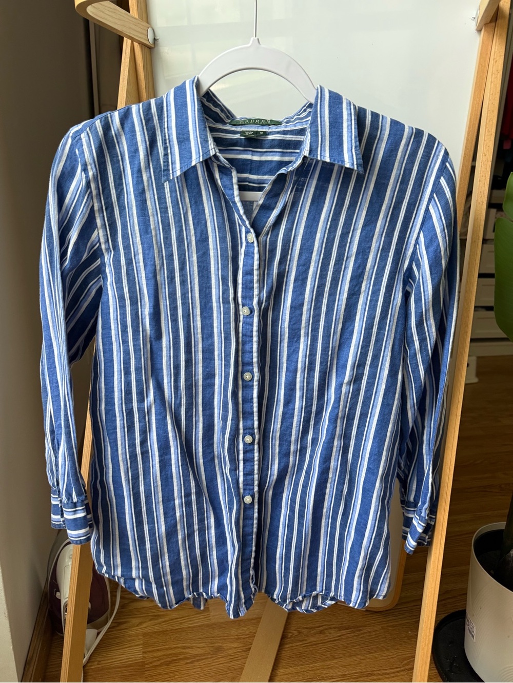 Ralph Lauren Navy and White Linen Vertical Stripe Casual Button-Down Shirt